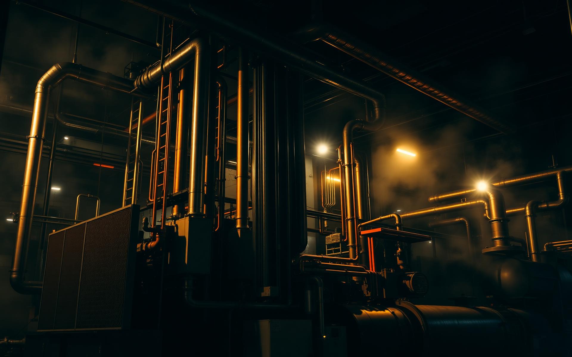 Commercial mechanical room with boilers and piping